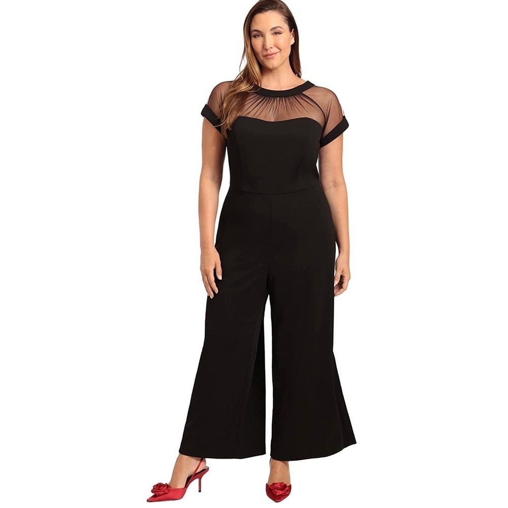 Maggy London Woman Black Mesh Illusion Neck Wide Leg Jumpsuit 20W NWT